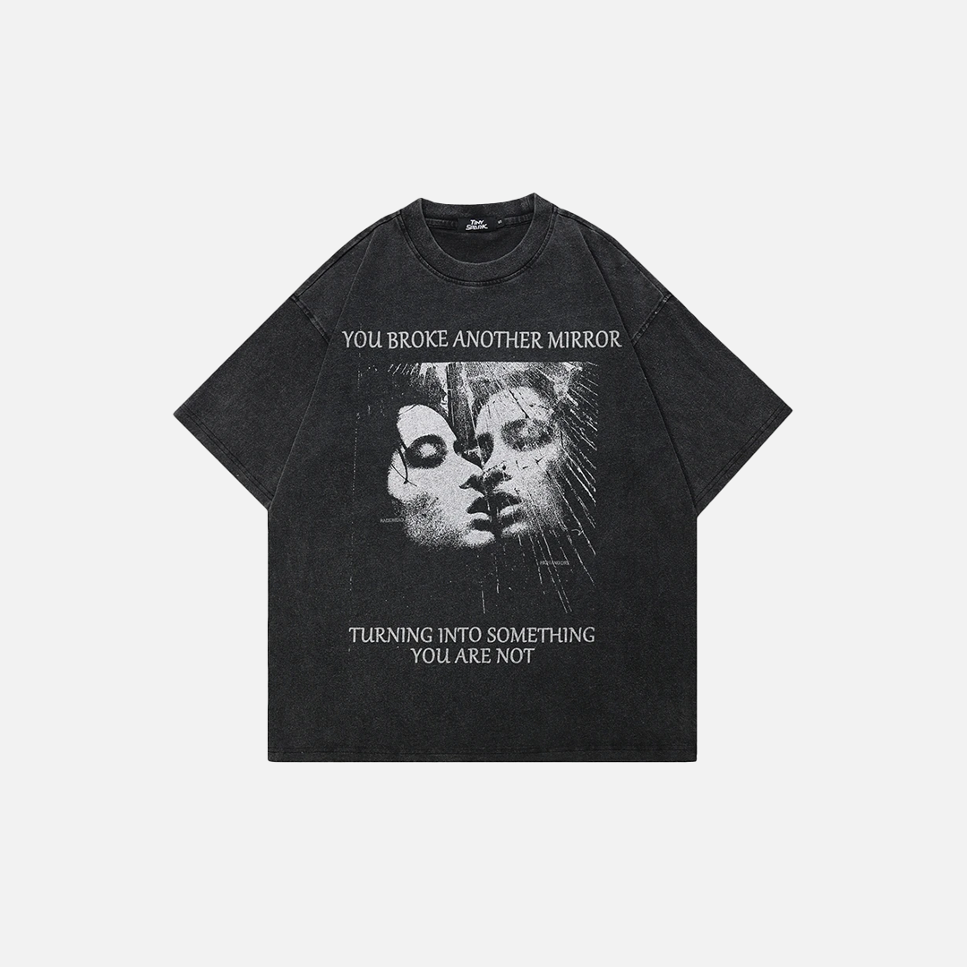 Retro Washed Black Faded Graphic Mirror T-Shirt - Luxuryurbanwear