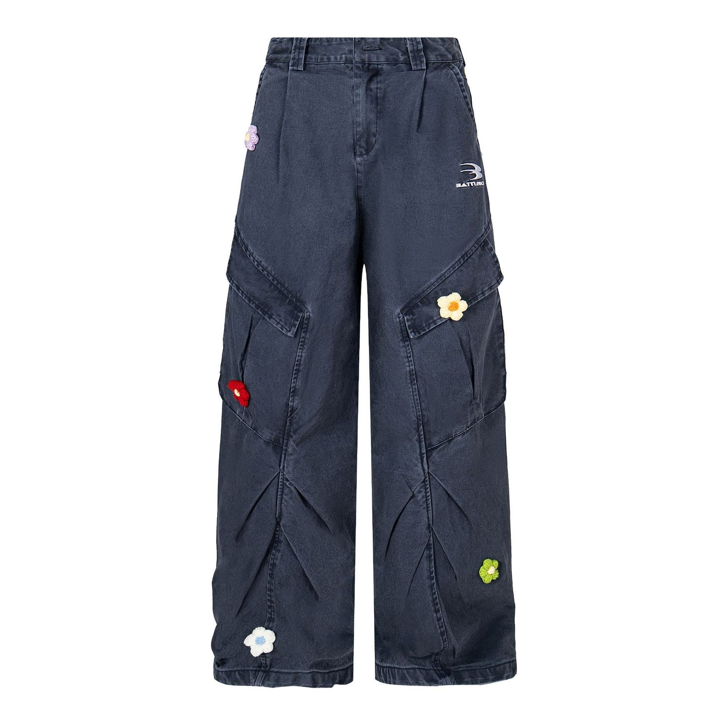 3D Floral Embroidered Washed Cargos - Heavyweight Tactical Flower Detail Pants | LuxuryUrbanwear - Luxuryurbanwear