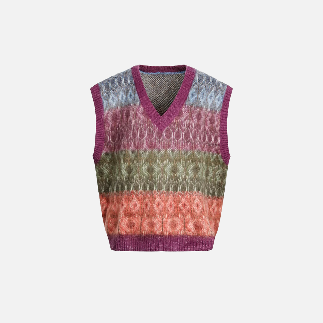 Jacquard Mohair Knitted V-Neck Sleevless Sweater - Luxuryurbanwear