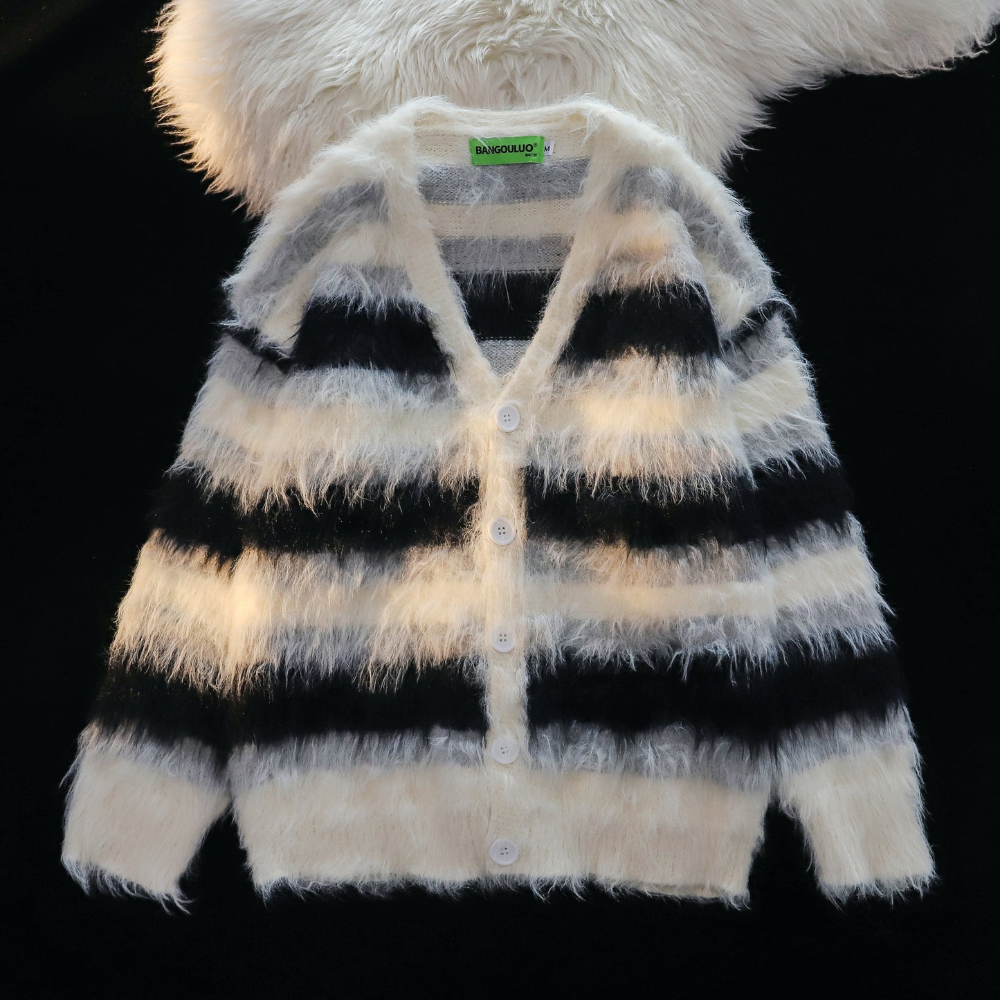 Furry Line | Striped Button-Up Fluffy Cardigan - Luxuryurbanwear