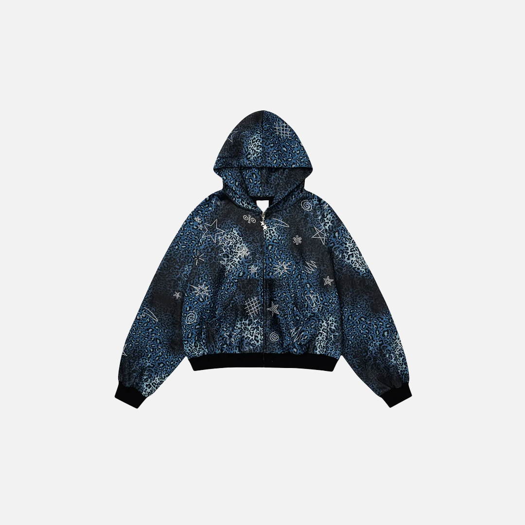 Insulated Leopard Rhinestone Zip-Up Hooded Sweatshirt - Luxuryurbanwear