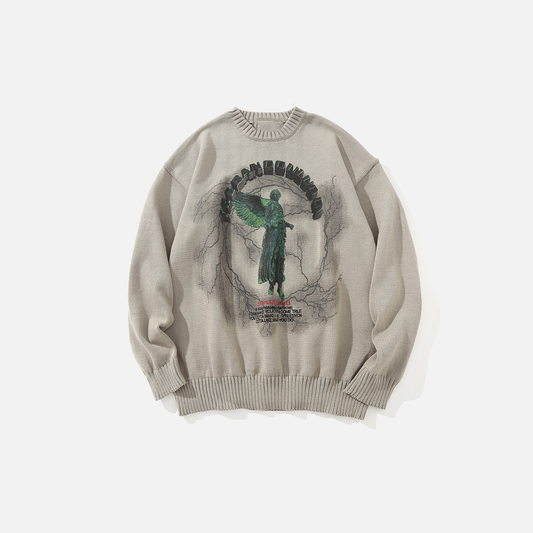 Graffiti Print Round Neck Knit Sweater - Luxuryurbanwear