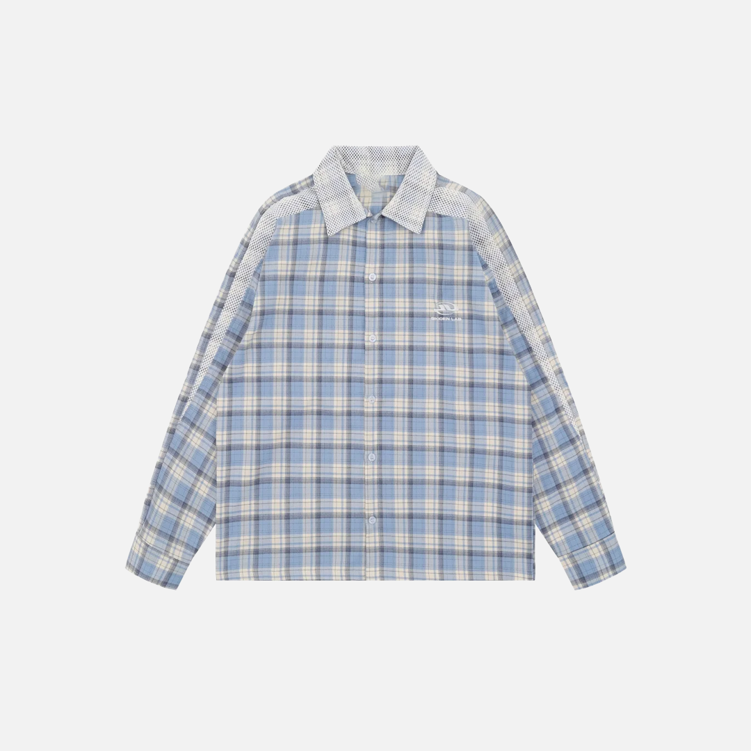 Versatile Plaid Mesh Spliced Embroidered Lapel Shirt - Luxuryurbanwear