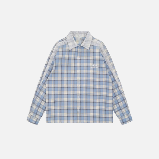 Versatile Plaid Mesh Spliced Embroidered Lapel Shirt - Luxuryurbanwear
