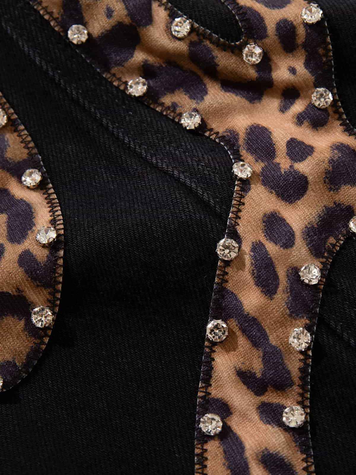 Retro Rhinestone Leopard Patch Music Note Straight Jeans