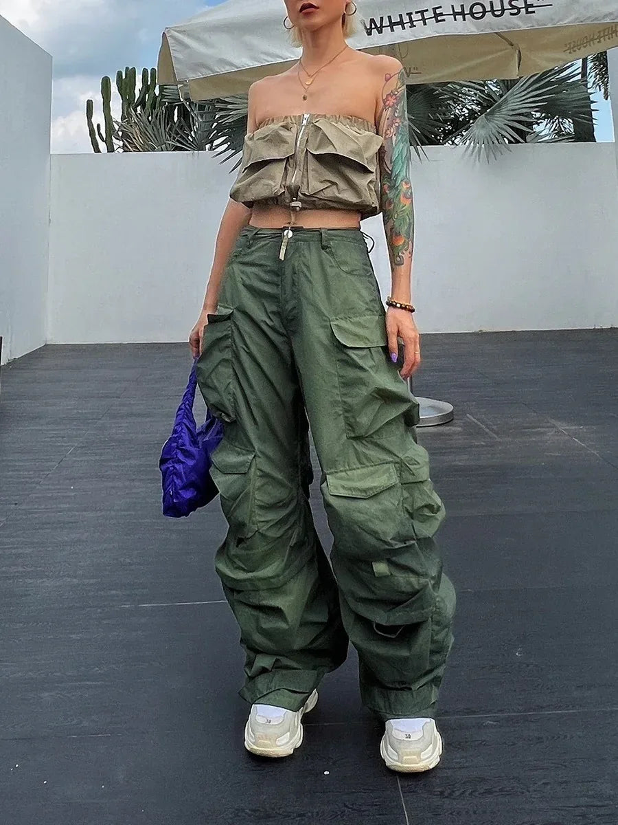 Solid Loose Pants For Women High Waist Patchwork Pockets Casual Streetwear Cargo Pant Female Fashion Clothing - Luxuryurbanwear
