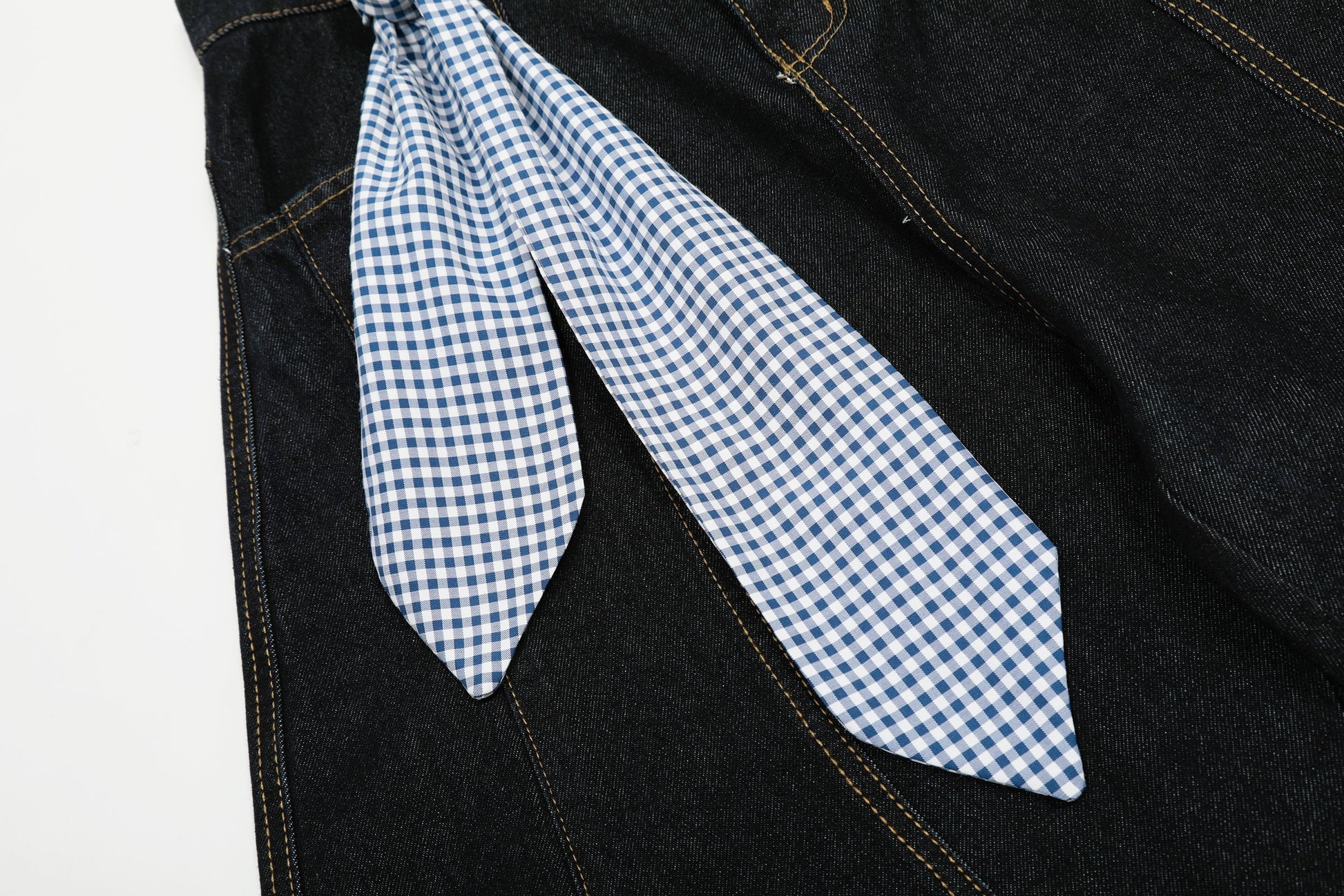 Gingham Tie Barrel Baggy Jeans - Sculptural Gingham Detail Denim | LuxuryUrbanwear - Luxuryurbanwear