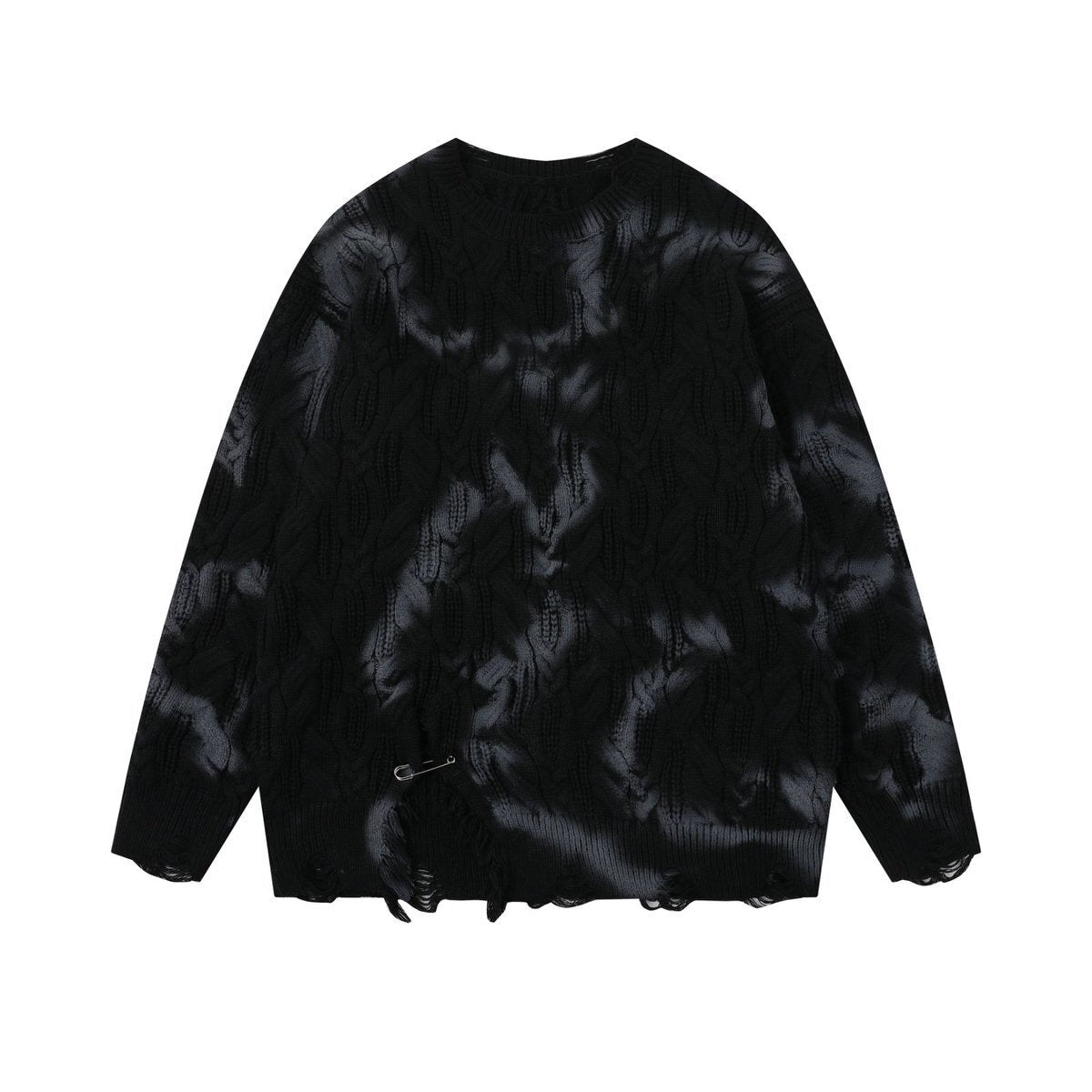 Charcoal Fade | Distressed Tie-Dye Knit Pullover - Luxuryurbanwear