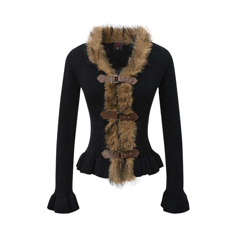 Buckled Fur | Knit Cardigan with Faux Trim - Luxuryurbanwear