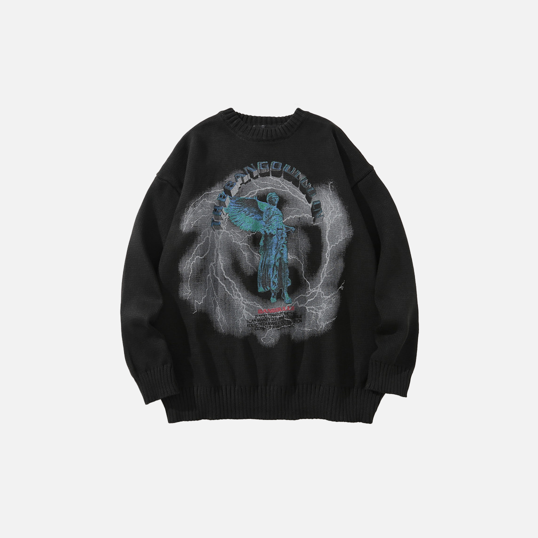 Graffiti Print Round Neck Knit Sweater - Luxuryurbanwear