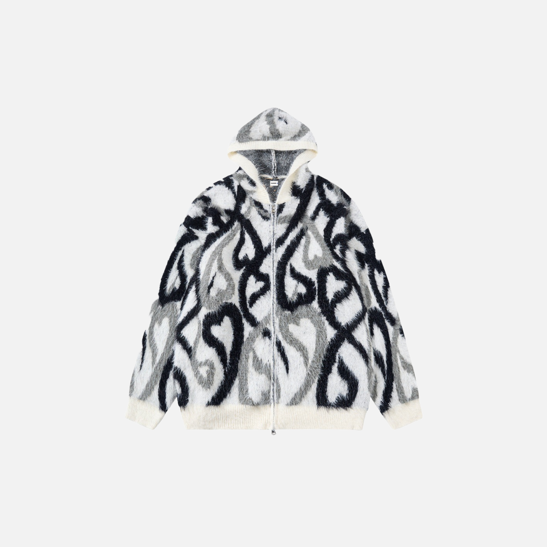 Streetwear Abstract Heart Jacquard Knit Hooded Sweatshirt - Luxuryurbanwear