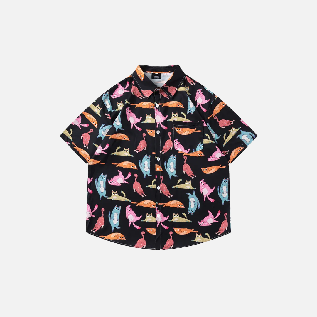 Flattering Funny Cartoon Cat Beach Button Shirt - Luxuryurbanwear