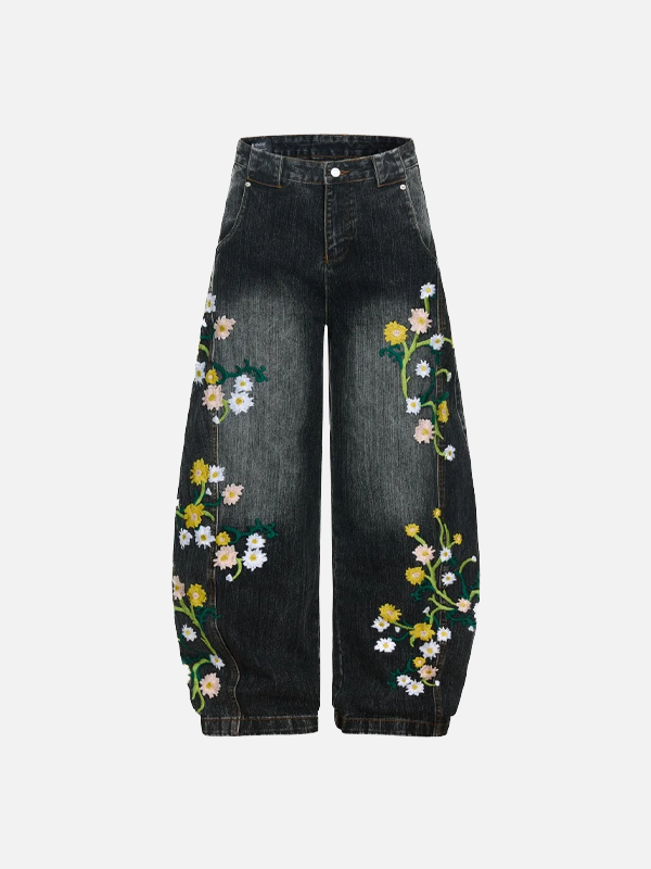 Trendy Distressed Flower Banana Wide Leg Jeans - Luxuryurbanwear