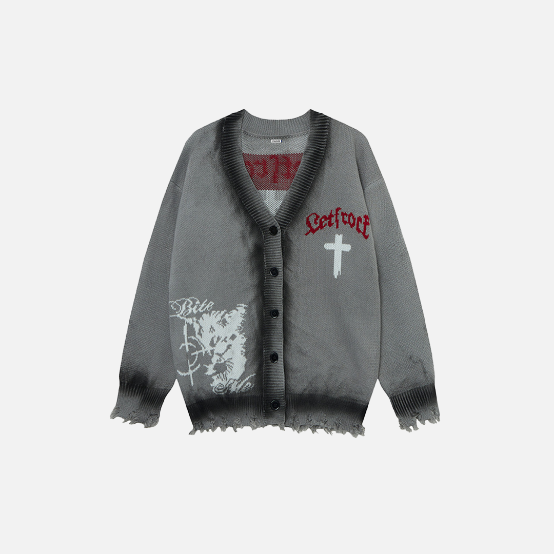 Punk Cross Destroyed Loose Knit Cardigan - Luxuryurbanwear