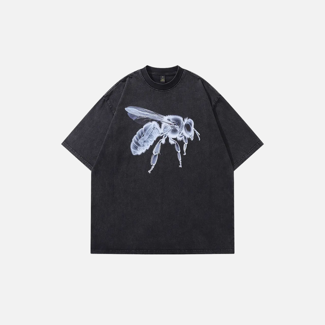 Oversized Vintage Black Washed Bee Microscope T-Shirt - Luxuryurbanwear