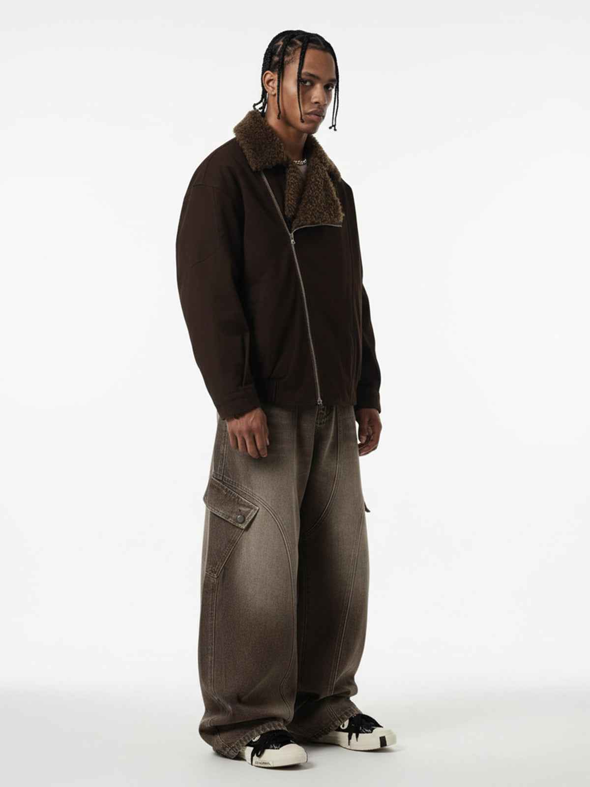Street Punk Oblique Zipper Lambswool Collar Quilted Jacket
