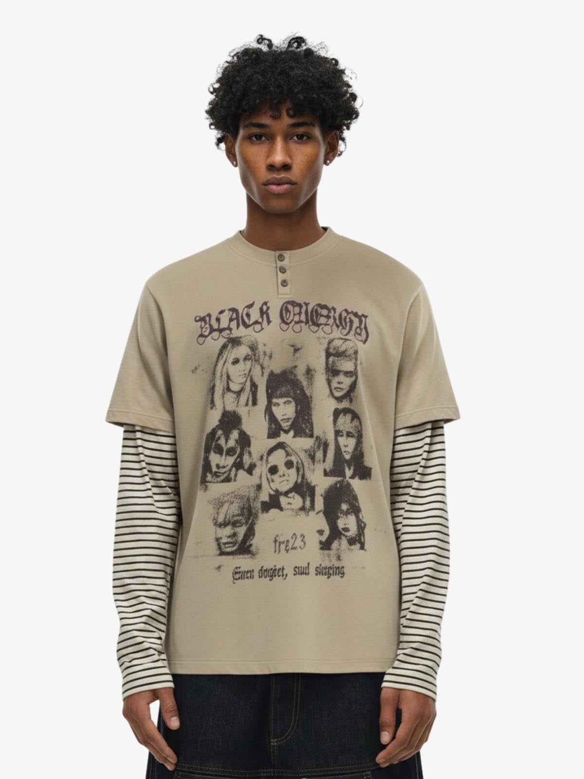 Vintage Band Portrait Graphic Layered Henley T-Shirt