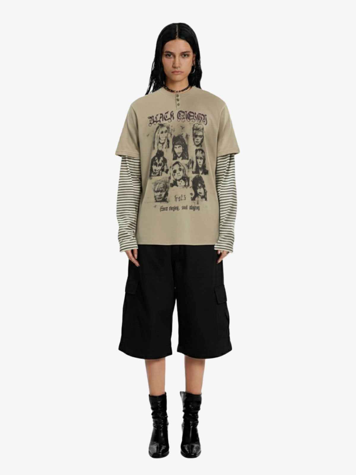 Vintage Band Portrait Graphic Layered Henley T-Shirt