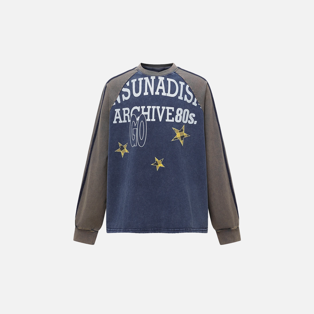 Retro Distressed Print Loose Crew Long Sleeve T-Shirt - Luxuryurbanwear