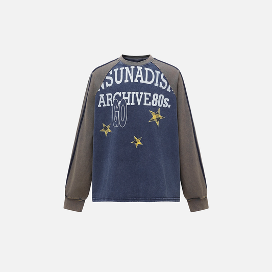 Retro Distressed Print Loose Crew Long Sleeve T-Shirt - Luxuryurbanwear