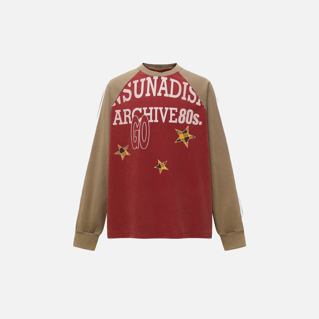 Retro Distressed Print Loose Crew Long Sleeve T-Shirt - Luxuryurbanwear