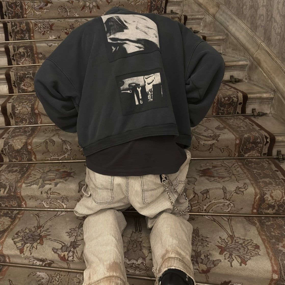 Washed Vintage Patch Graphic Hoodie - Distressed Zip-Up Streetwear | LuxuryUrbanwear - Luxuryurbanwear