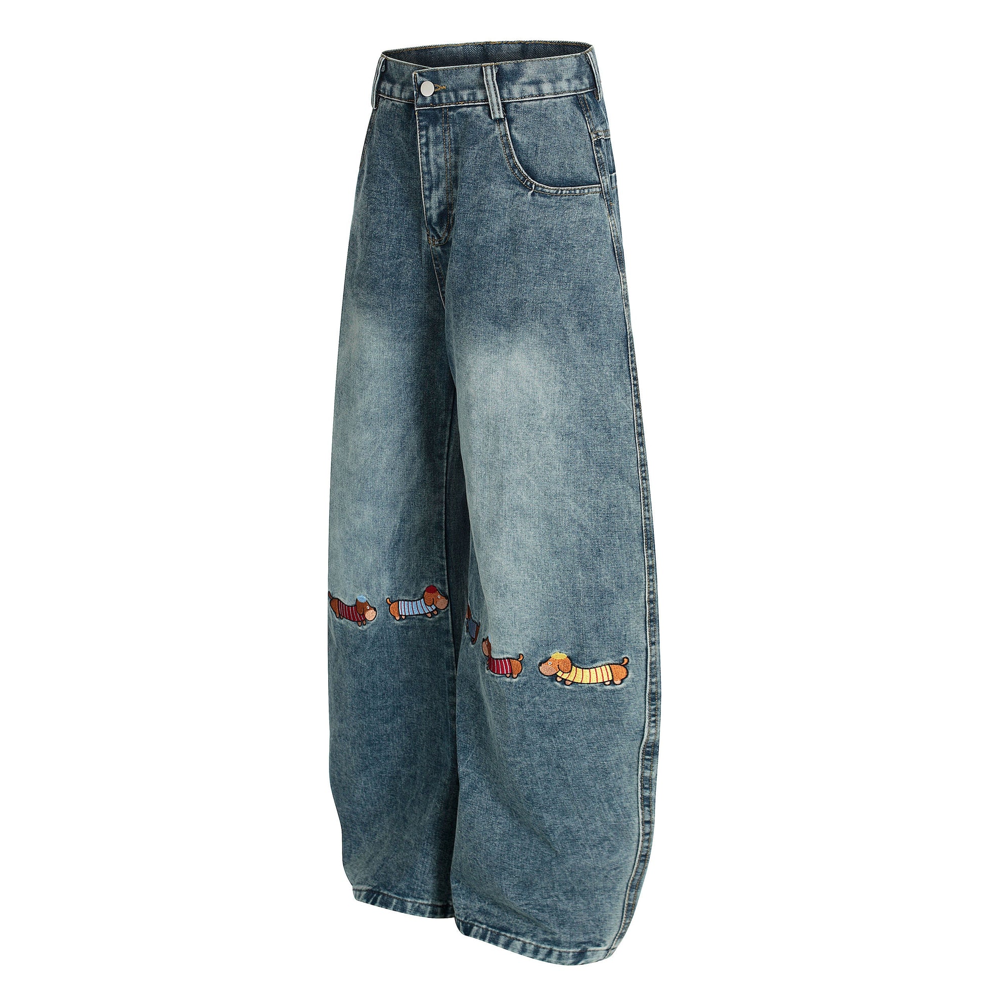 Pup Parade | Playful Dog Embroidered Denim Pants - Luxuryurbanwear