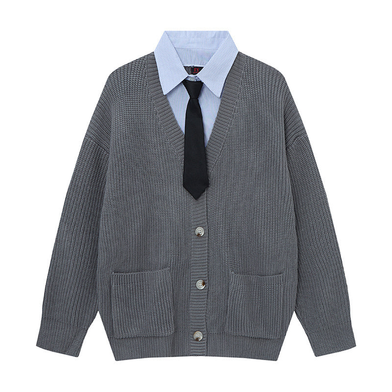 Prep Layer | Knit Cardigan with Shirt & Tie Detail - Luxuryurbanwear