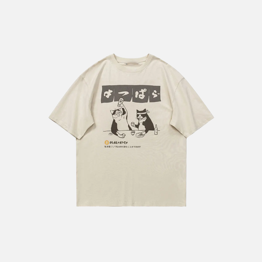 Japanese Style Cat Graphic Print Oversized T-Shirt - Luxuryurbanwear