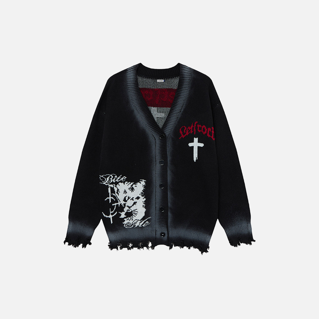 Punk Cross Destroyed Loose Knit Cardigan - Luxuryurbanwear
