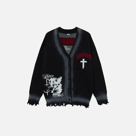 Punk Cross Destroyed Loose Knit Cardigan - Luxuryurbanwear