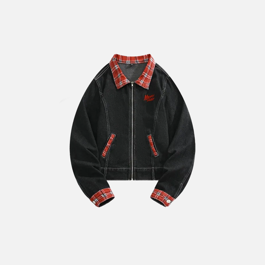 Retro American Style Plaid Varsity Denim Jacket - Luxuryurbanwear