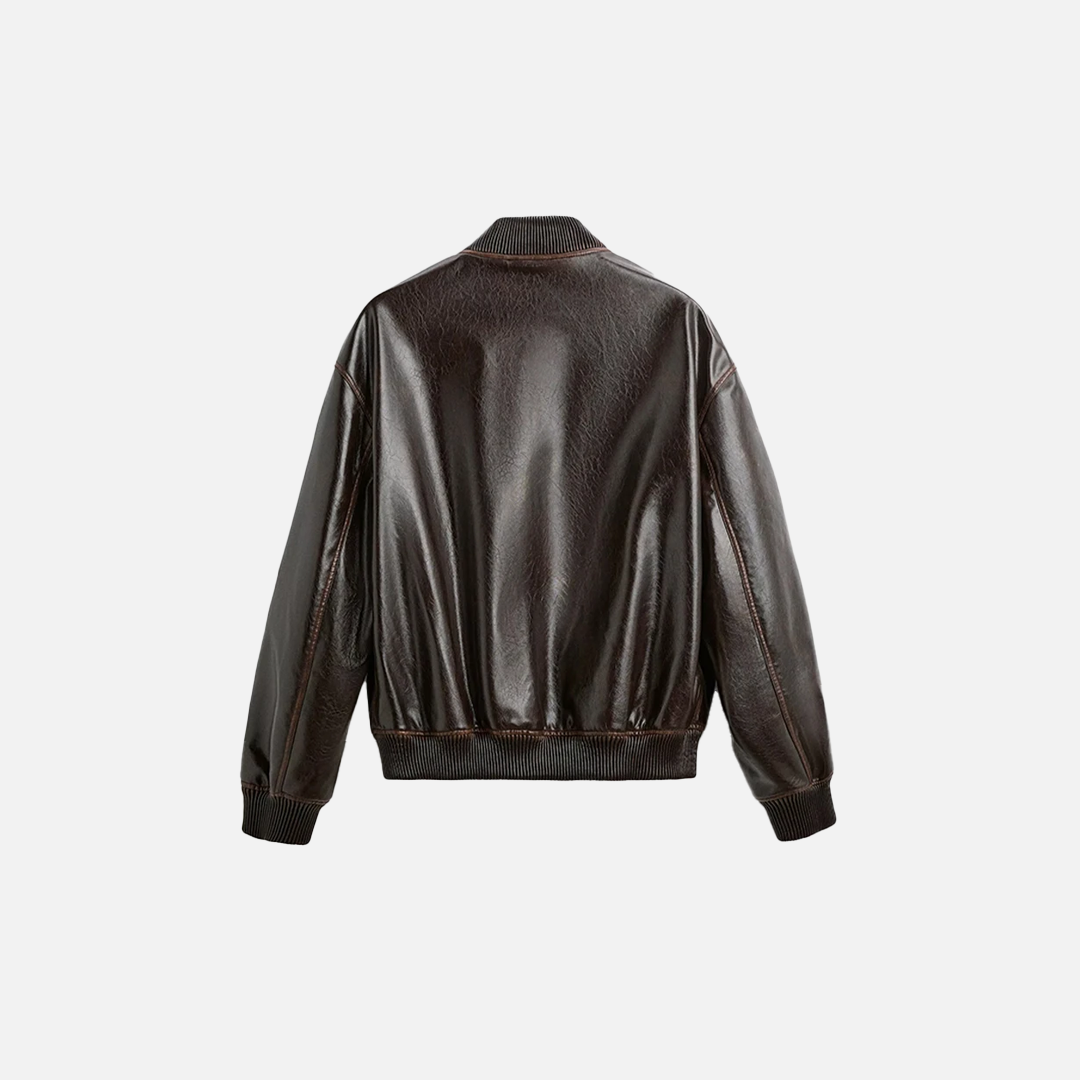 Winter Loose Fit Retro Brown Leather Race Jacket - Luxuryurbanwear