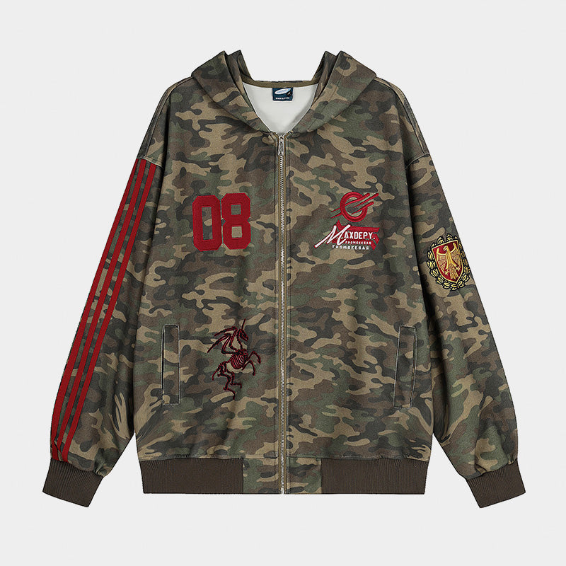 Camo Varsity Patch | Zip Up Hoodie - Luxuryurbanwear