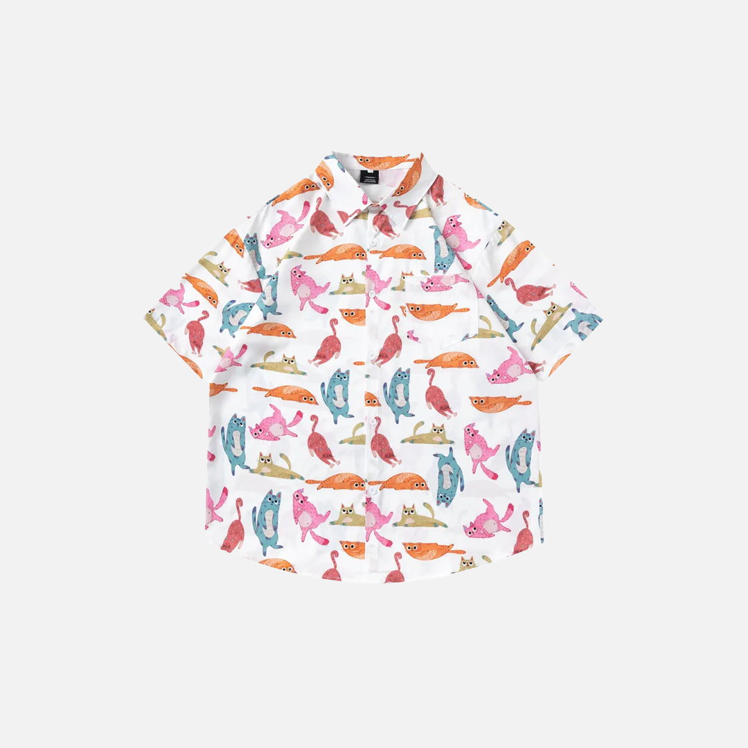 Flattering Funny Cartoon Cat Beach Button Shirt - Luxuryurbanwear