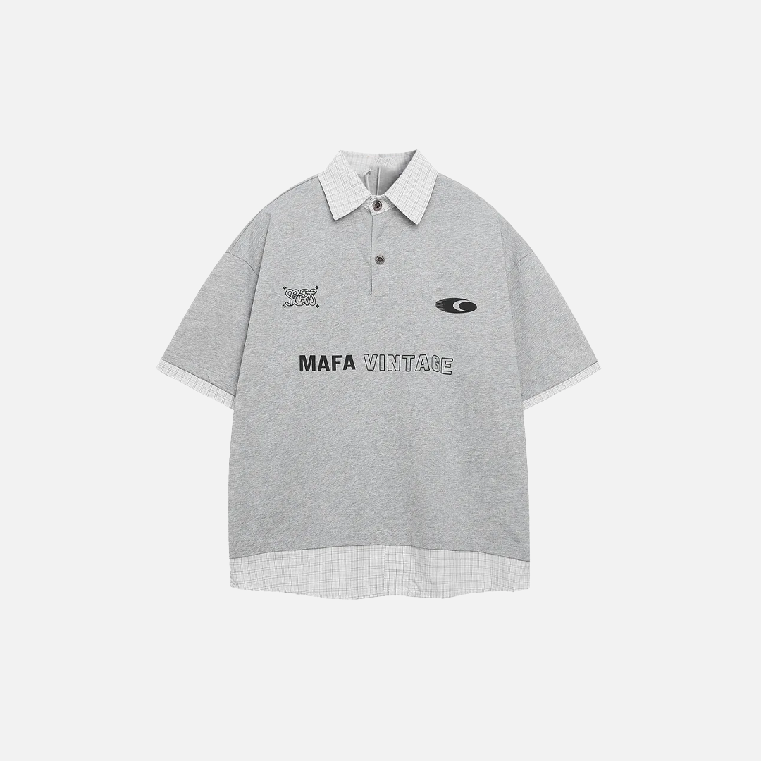 Casual Loose Fit Fake Two-Piece Letter Print Polo T-Shirt - Luxuryurbanwear