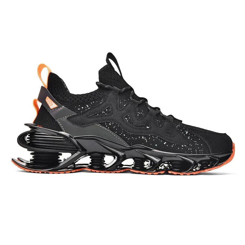Nova Sole T84 Sneakers - LUXURYURBANWEAR in black with orange sole, featuring breathable knit upper and sculpted heel design.