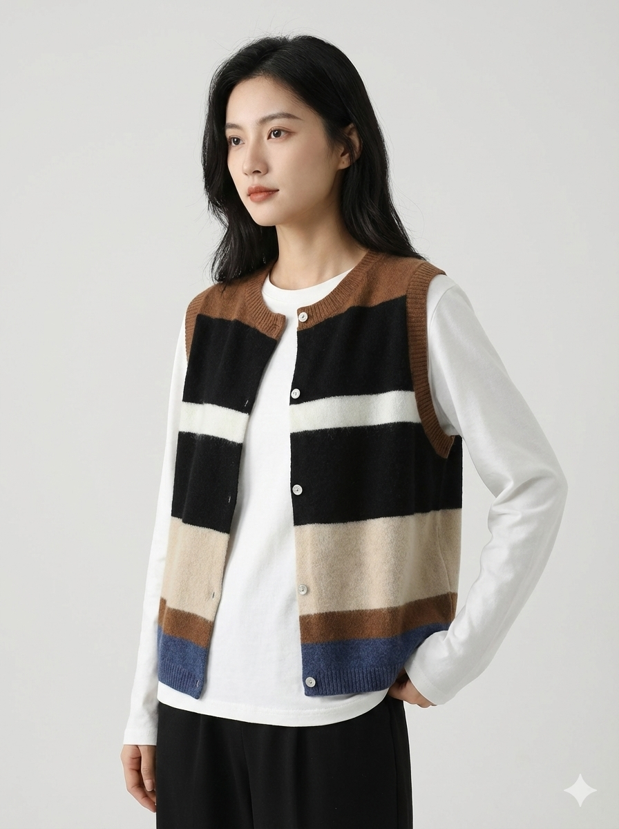 Striped Multicolor Cashmere Sleeveless Cardigan - Luxuryurbanwear