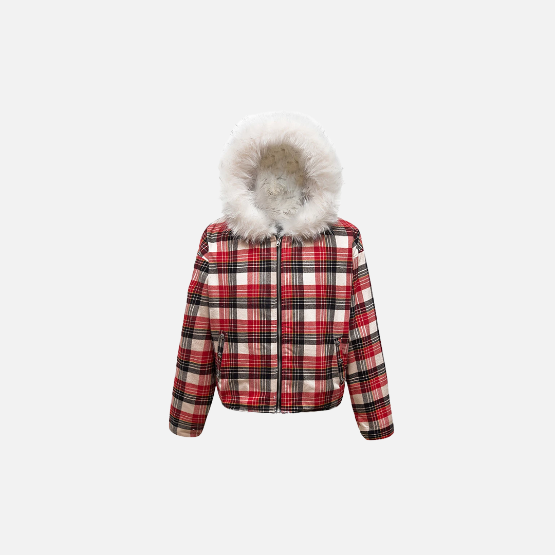 Winter Flexible Plaid Fox Fur Collar Retro Jacket - Luxuryurbanwear