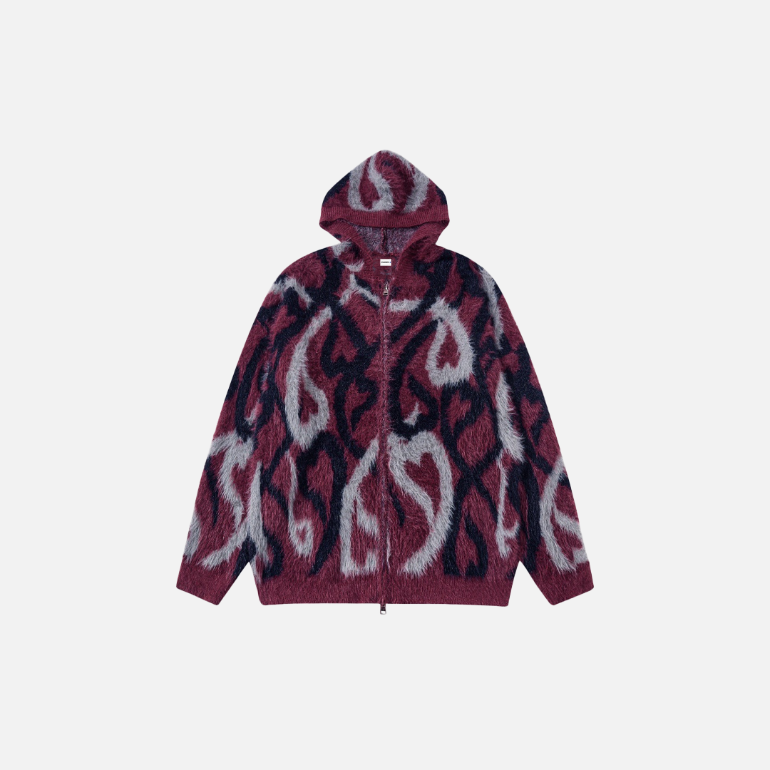 Streetwear Abstract Heart Jacquard Knit Hooded Sweatshirt - Luxuryurbanwear