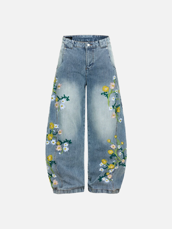 Trendy Distressed Flower Banana Wide Leg Jeans - Luxuryurbanwear