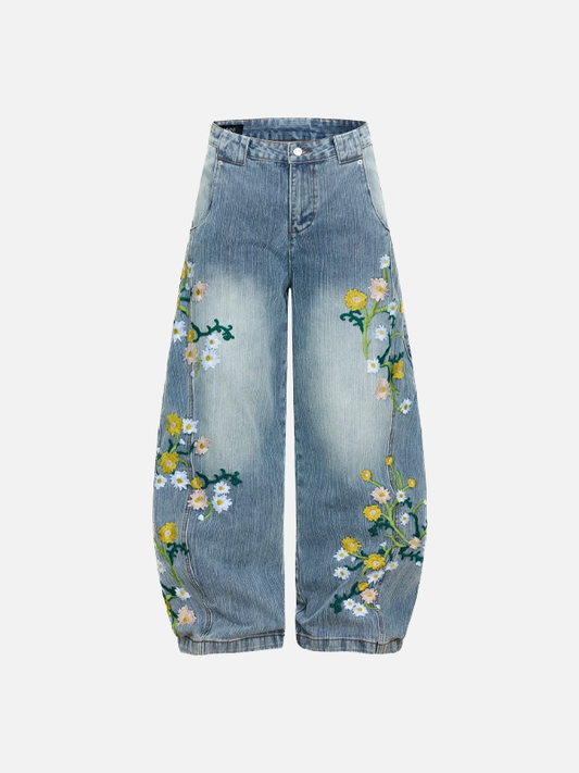 Trendy Distressed Flower Banana Wide Leg Jeans - Luxuryurbanwear