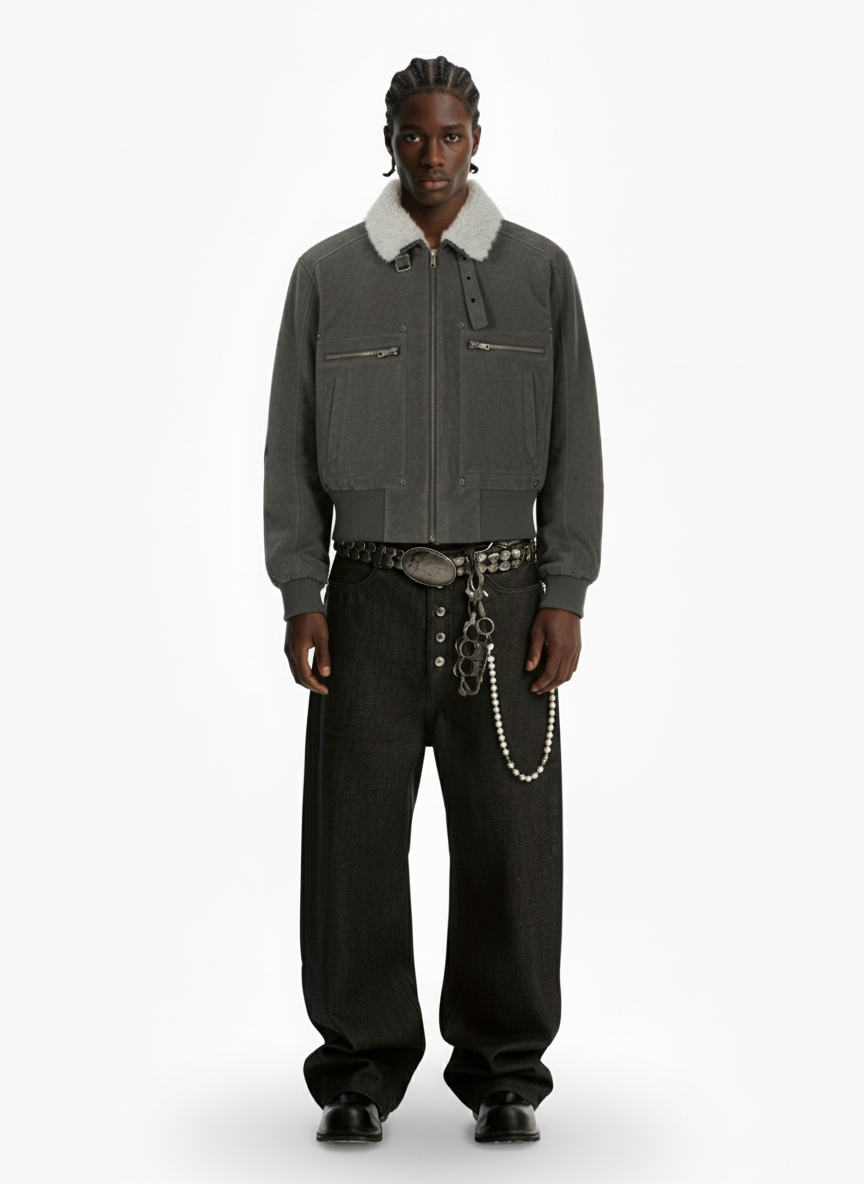 Utility Faux Shearling Collar Suede Look Zip Up Jacket - Luxuryurbanwear
