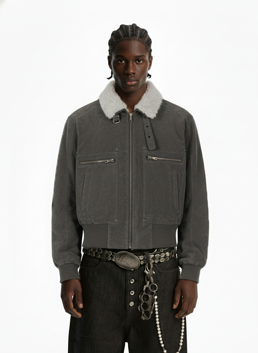 Utility Faux Shearling Collar Suede Look Zip Up Jacket - Luxuryurbanwear