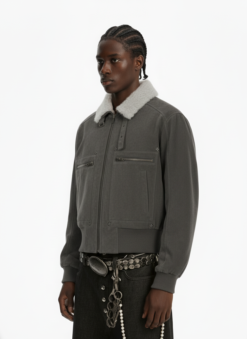 Utility Faux Shearling Collar Suede Look Zip Up Jacket - Luxuryurbanwear