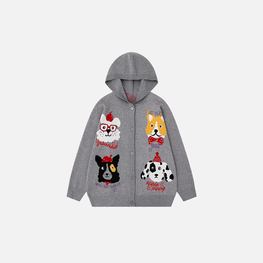 Retro Single Breasted Cartoon Puppy Jacquard Hodded Cardigan - Luxuryurbanwear