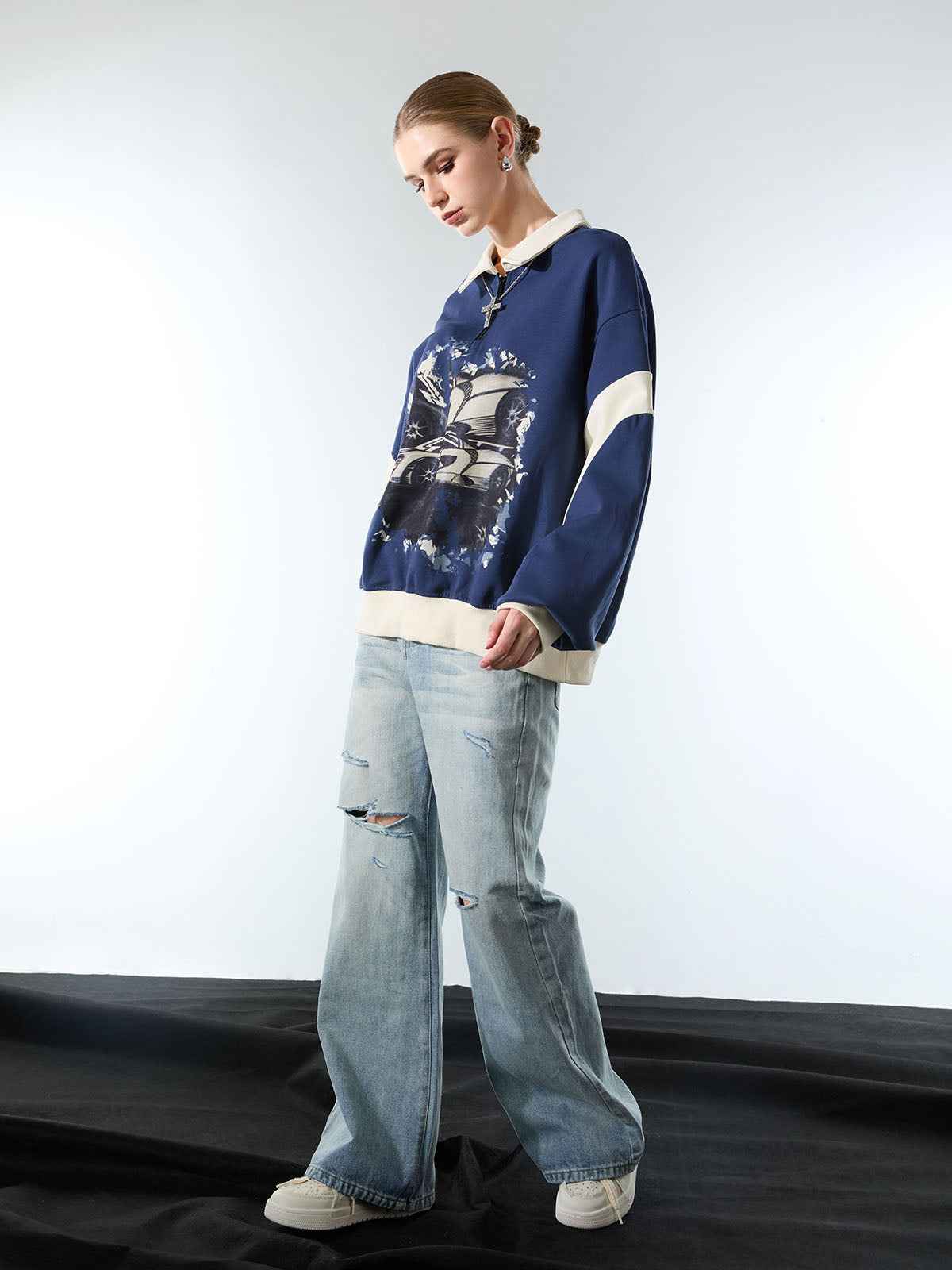 Original Racing Style Print Lapel Sweatshirt