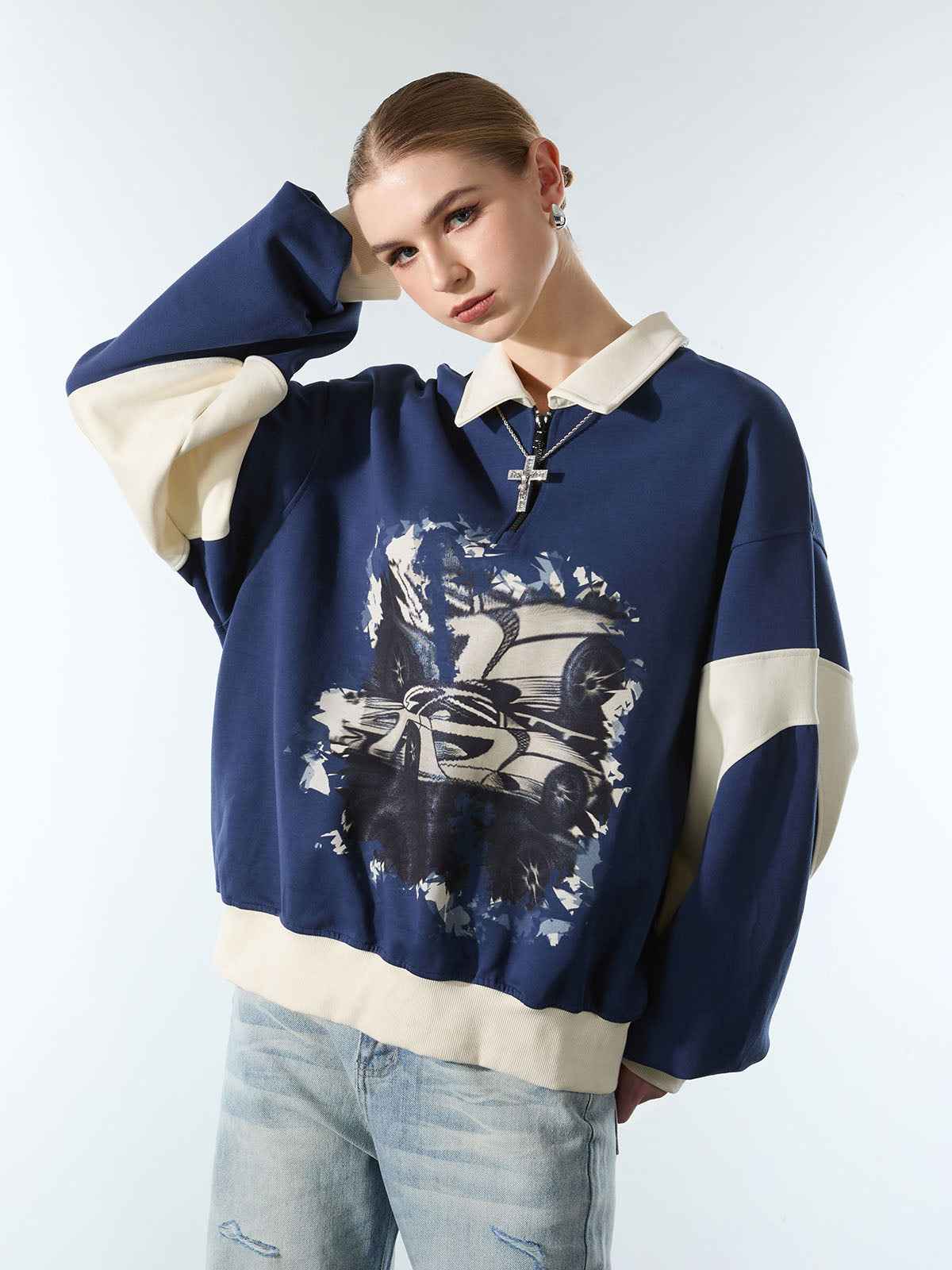 Original Racing Style Print Lapel Sweatshirt