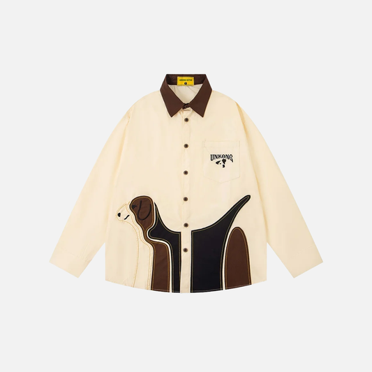 Retro Patchwork Cute Dog Lapel Long Sleeve Shirt - Luxuryurbanwear