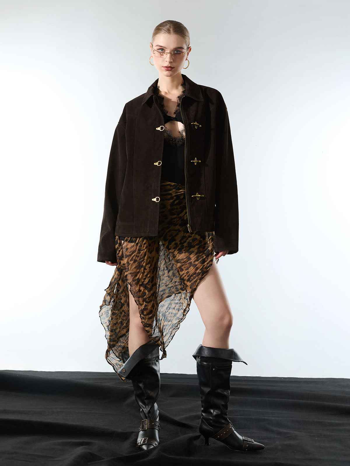 Retro Unique Metal Button Suede Lapel Bomber Jacket - 2538